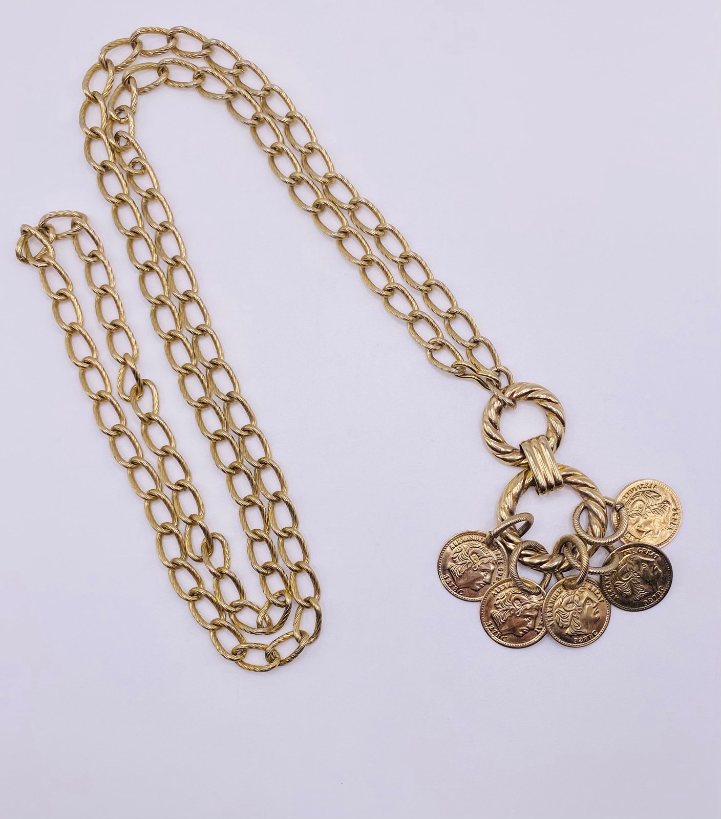 Vintage Signed SARAH COVENTRY Roman Coin Chain Link Belt Gold Tone 36”