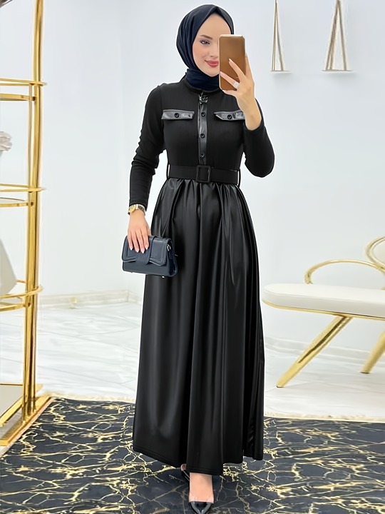 Long Sleeve Belted Dress Excluding Headscarf, Women's Clothing -xcv7