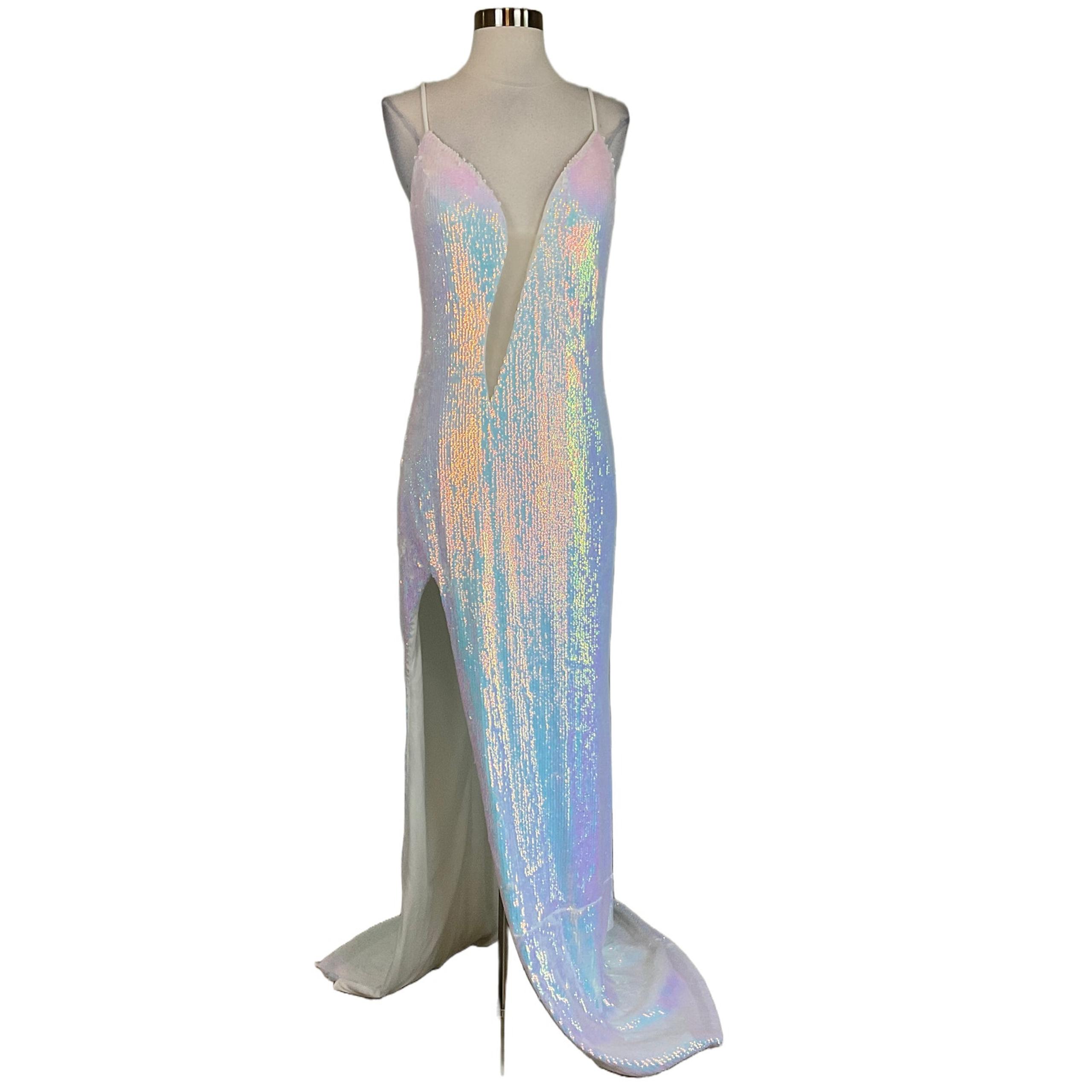 Jovani Women's Formal Dress Size 4 White Sequined Backless Thigh Slit Long Gown