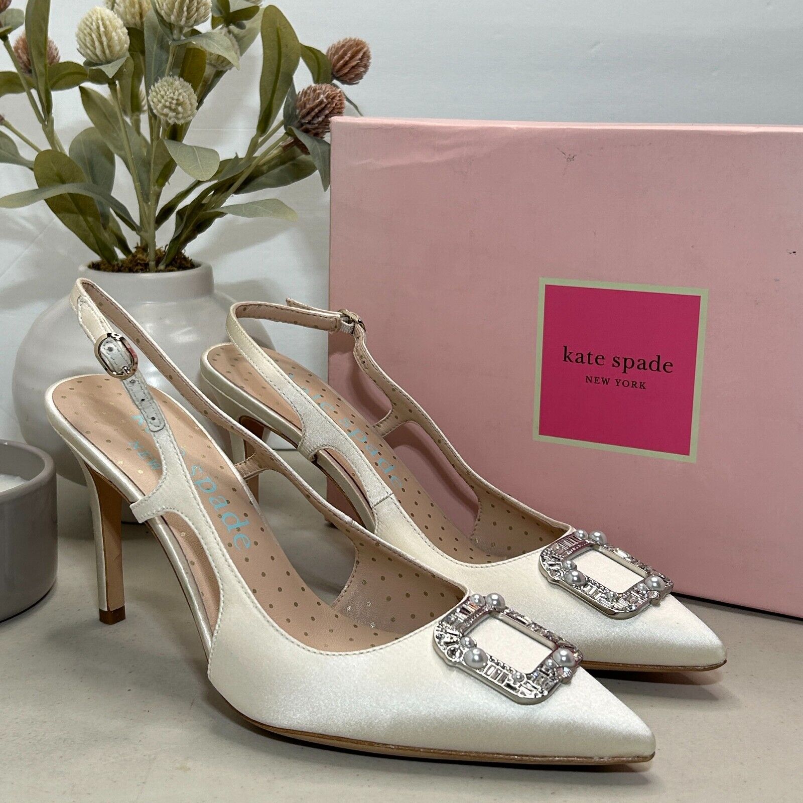 Kate Spade Buckle Up Sling Heels Slingback Ivory Bridal K7090 Women's US 9.5 B
