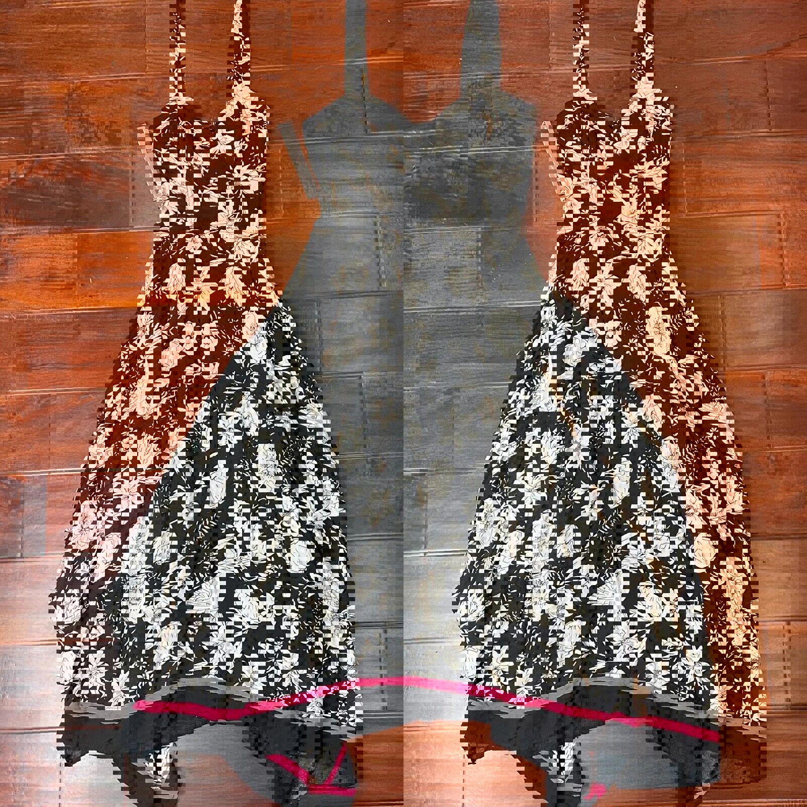 Anthropologie Maeve Midi Dress Size 2 Black & White Floral Pink Trim NWT 168.00