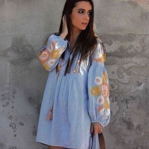 Zara Blue gingham Embroidered Mini Dress Floral Plaid Check mini dress size S