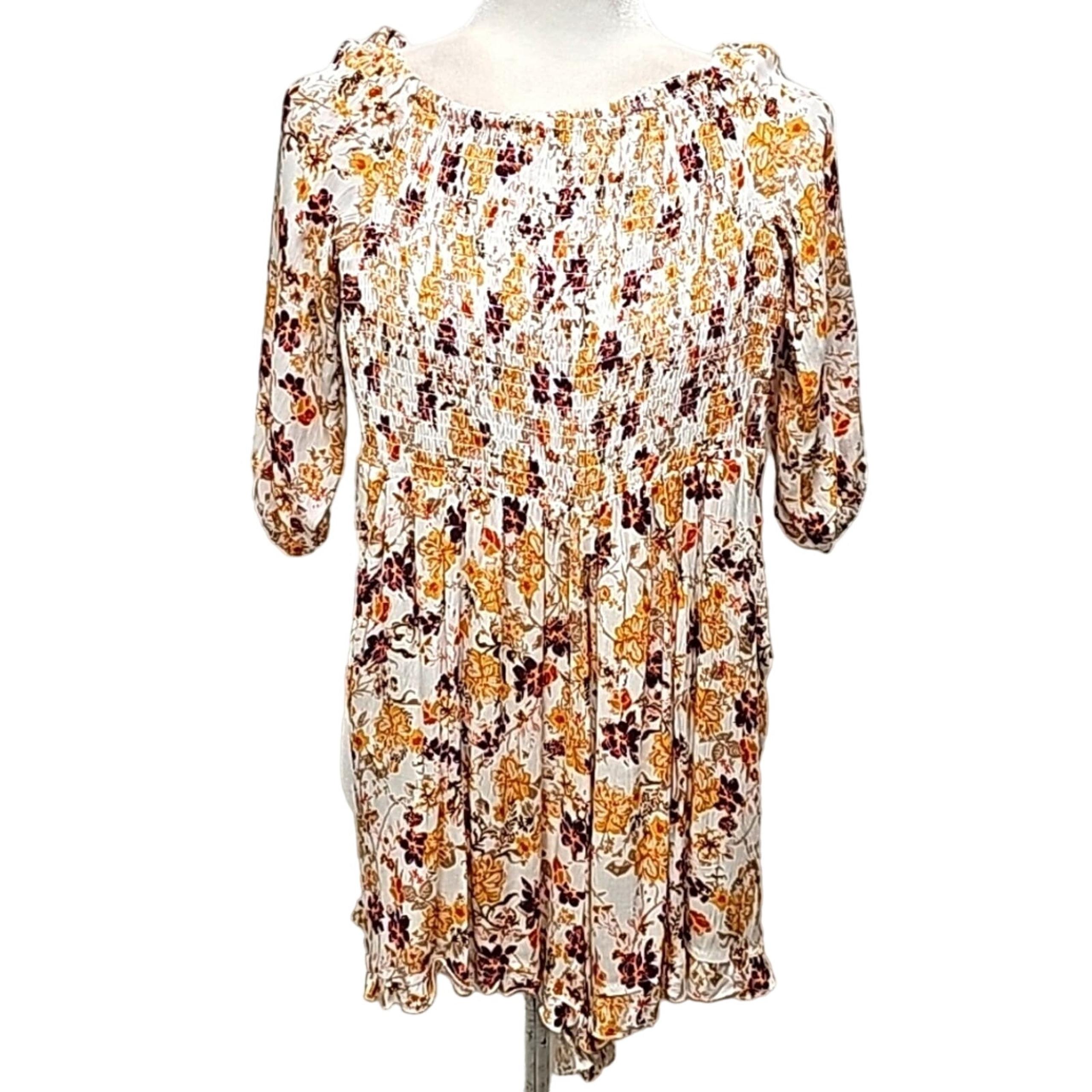Blue Rain Womens Off Shoulder Puffed Sleeve Smocked Golden Floral Romper Size S