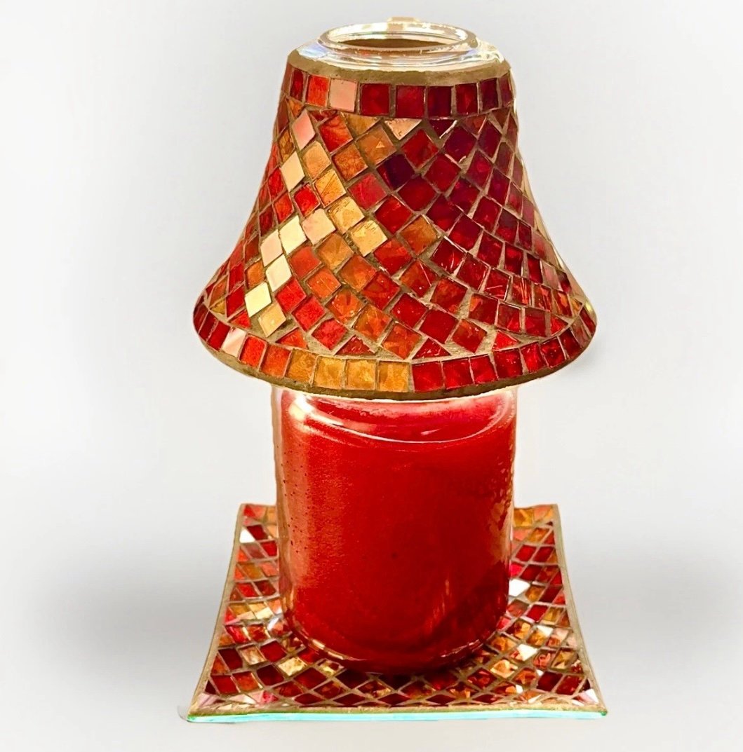 Yankee Candle Red Orange Mirror Mosaic Shade and Under Plate Set Glass