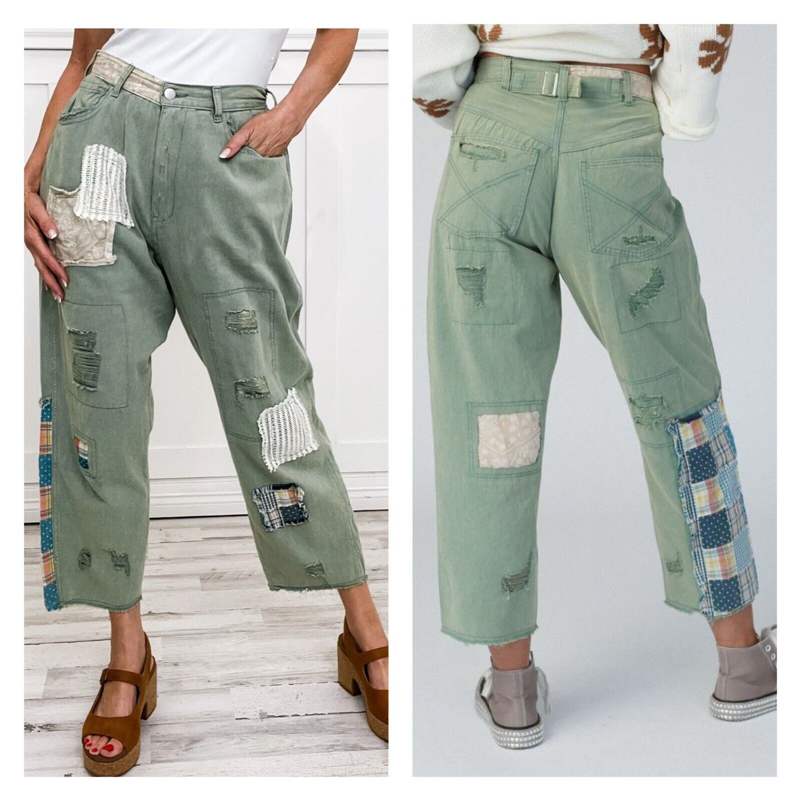 POL Womens Ankle Pant Size Small Green Distressed Patchwork Boho Shabby Chic