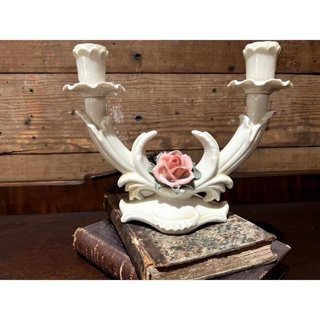 Vintage Karl Ens Porcelain Candlestick Holder Pink Rose