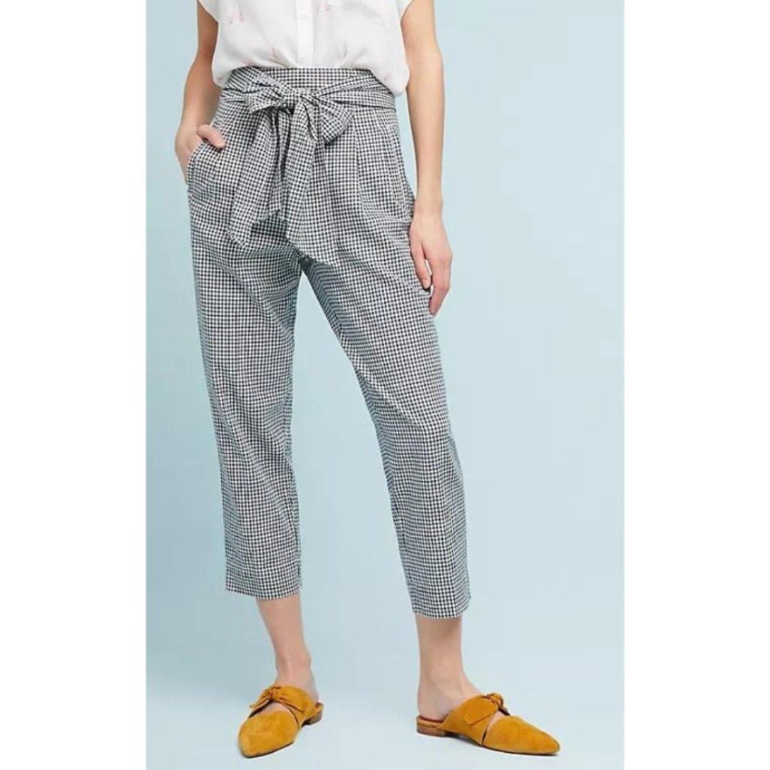 Anthropologie Cartonnier Tie-Waist Gingham Trousers Linen Blend Blue White 8