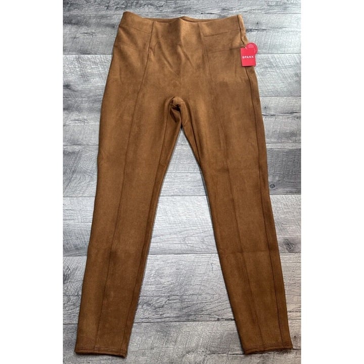Spanx Leggings Faux Suede Womens XL Caramel Pull On Ankle Seamed Slimming NEW