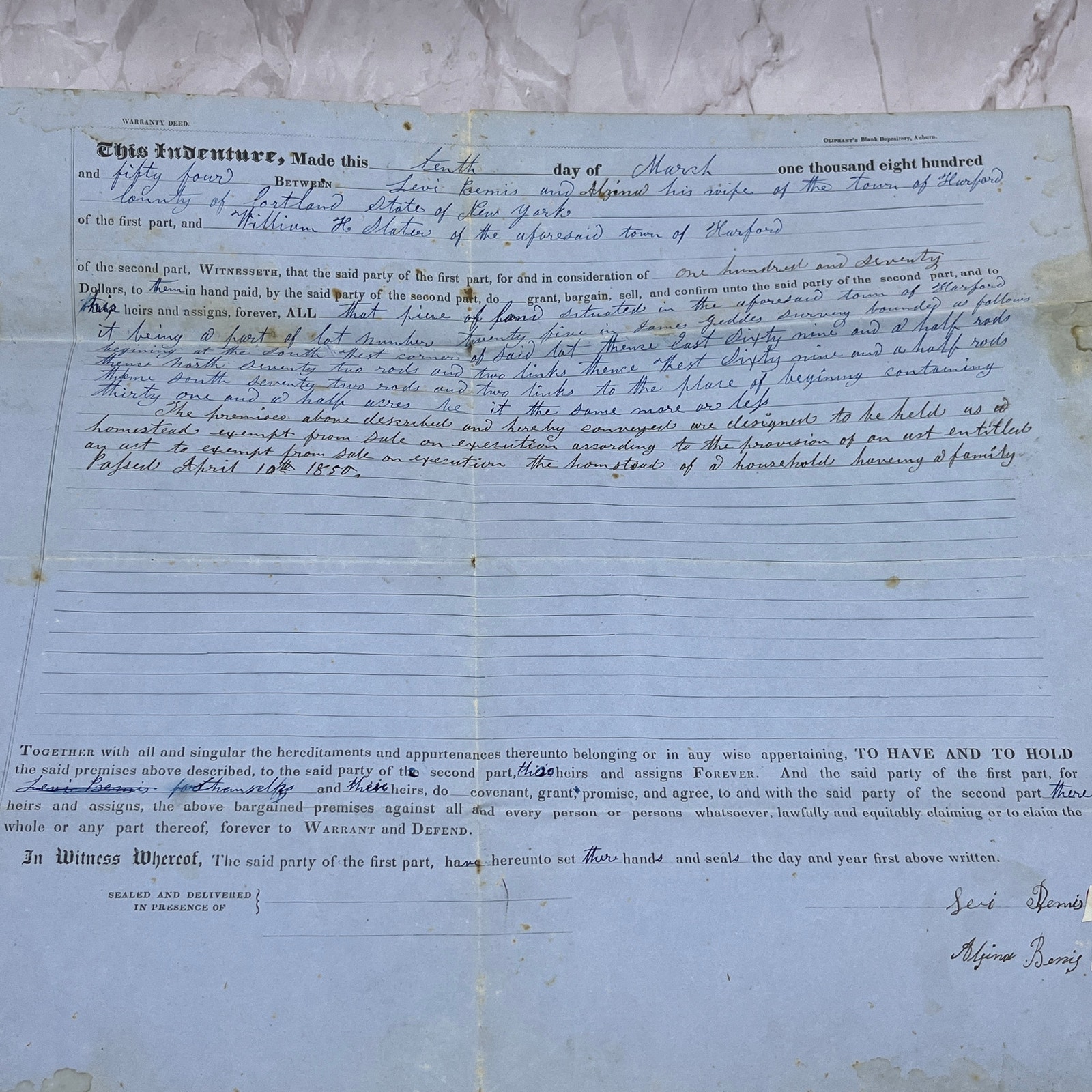 1854 Warranty Deed Levi Bemis Harford Cortland County New York TJ5-E2