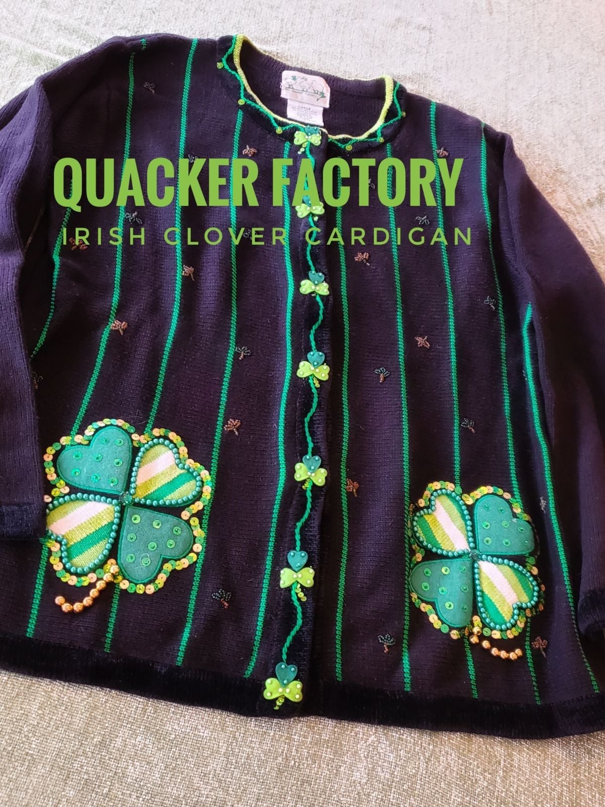 Vintage QUACKER FACTORY knot cardigan sweater Irish clover embroidery and embell