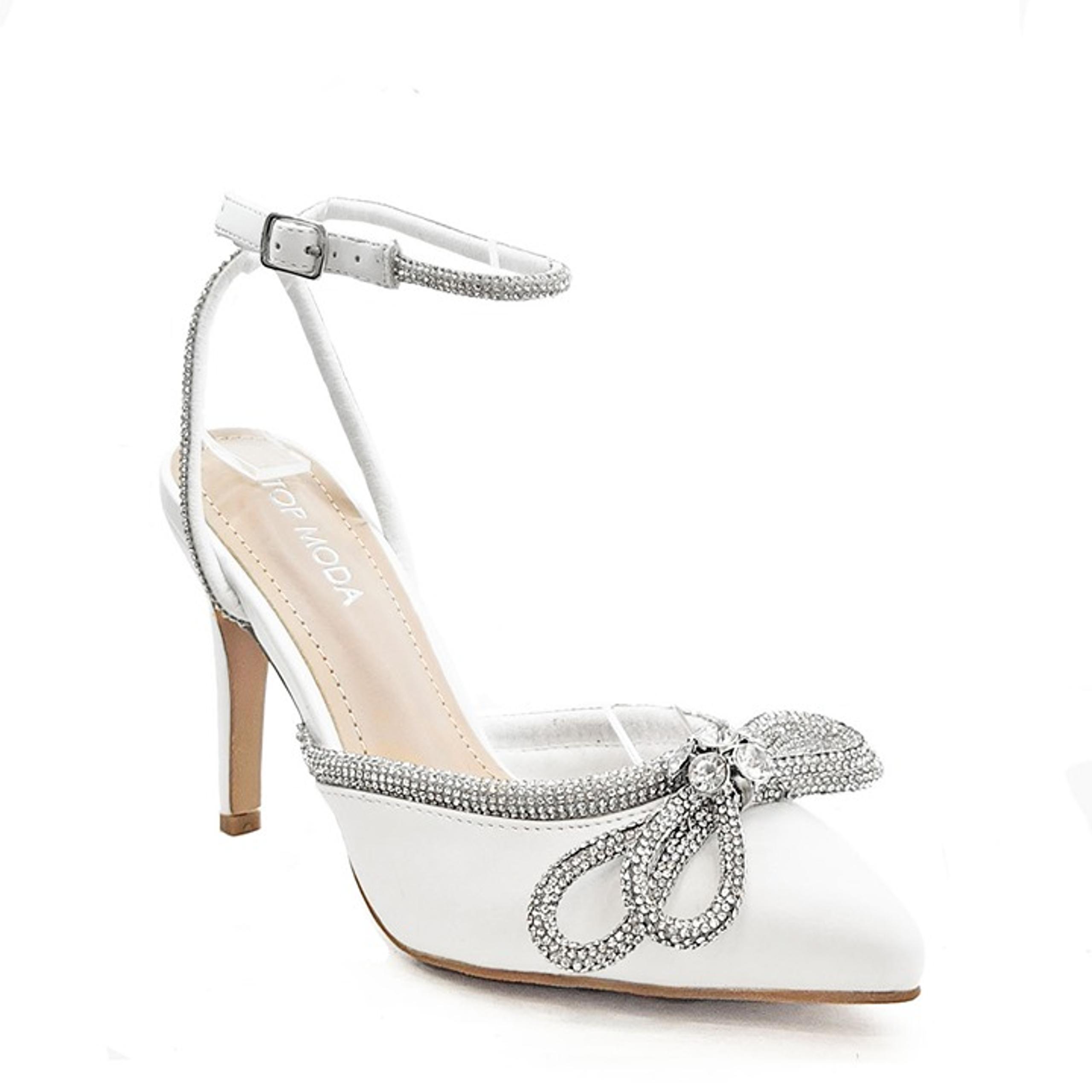 New White Rhinestone Bow Pointed Toe Heels Pumps Size 7.5