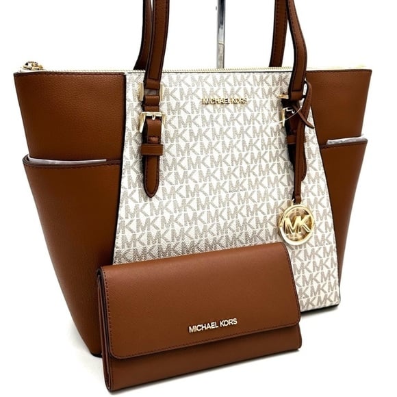 Michael Kors Large Charlotte Tote Bag & Trifold Wallet Vanilla/Brown (NWT)