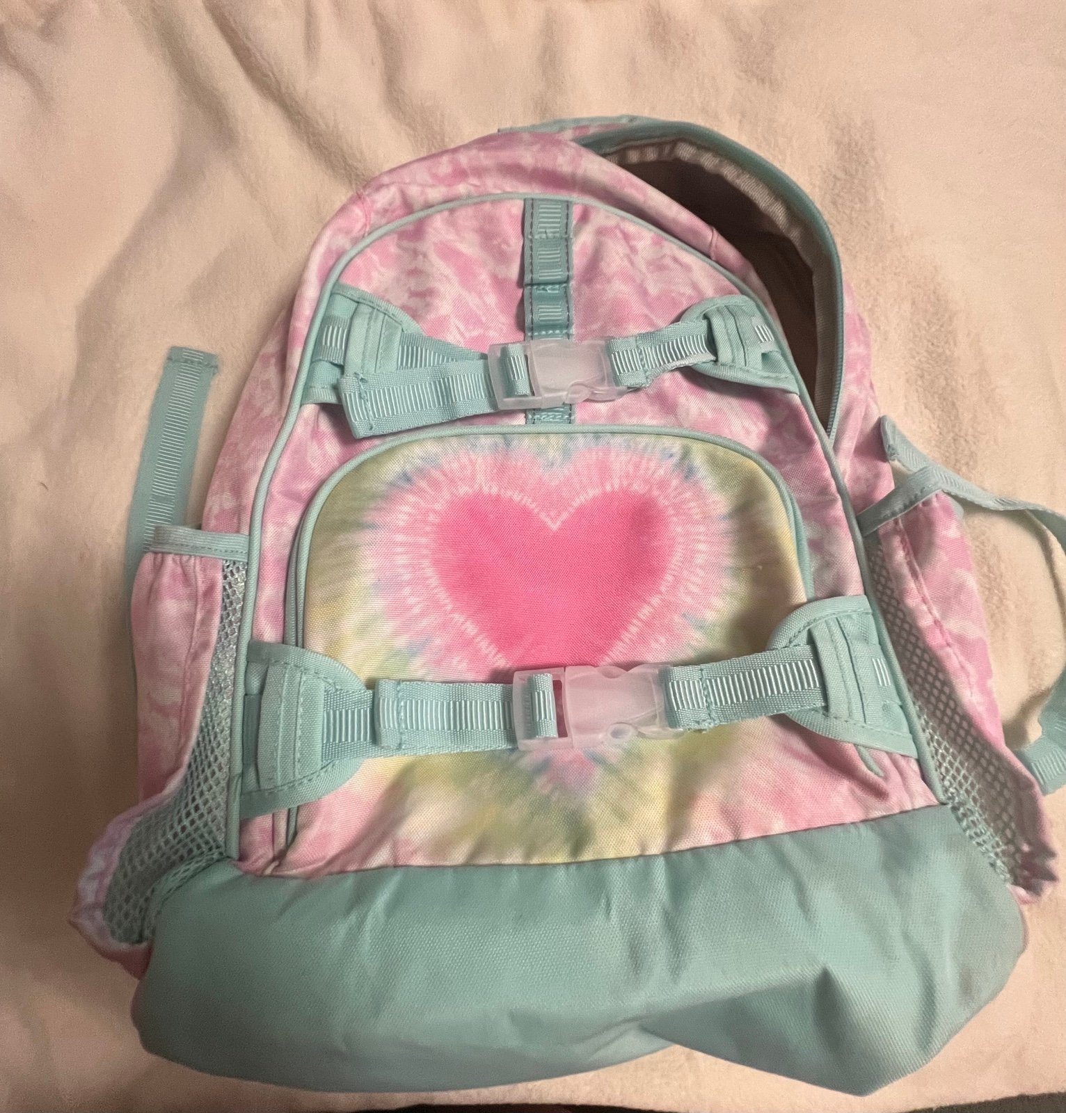 Kids Pottery Barn McKenzie Pink Heart Tye Dye Large Backpack Cold Pack Lunchbox