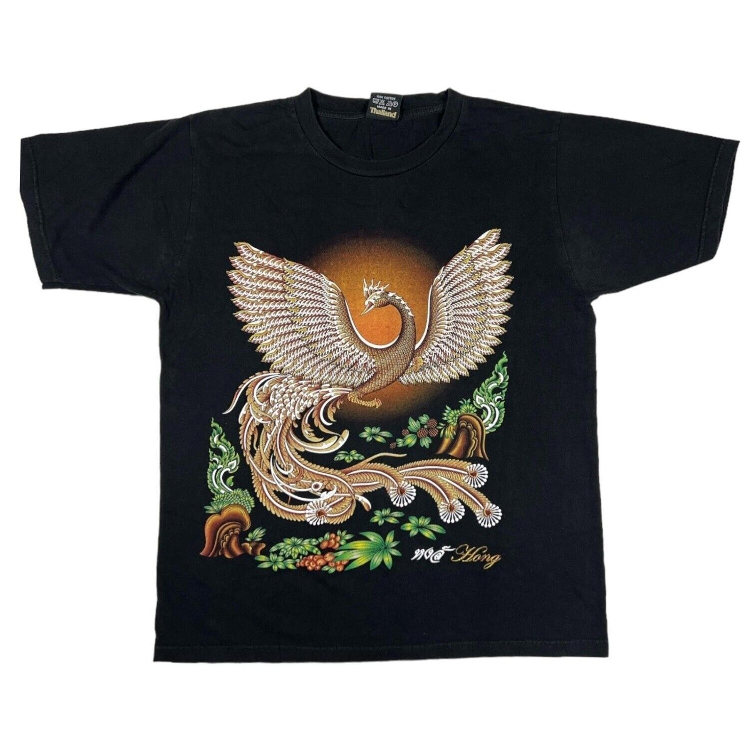 Vintage Batik Phoenix Bird Graphic Tee Wo Ai Xiang Black T-Shirt Size L
