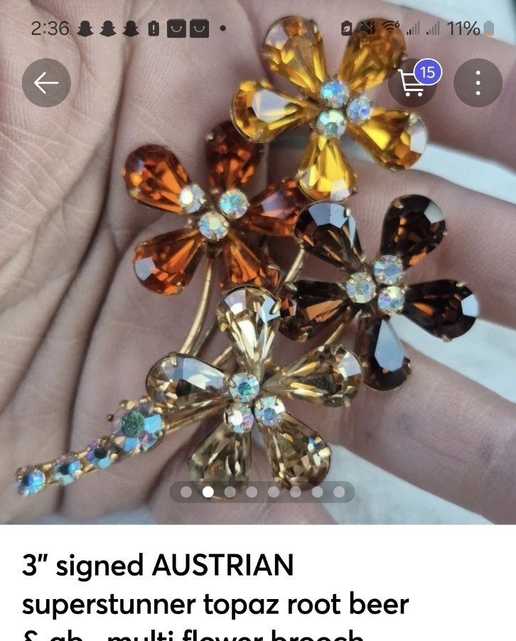3" signed AUSTRIAN superstunner topaz root beer & ab   multi flower brooch WOWOW