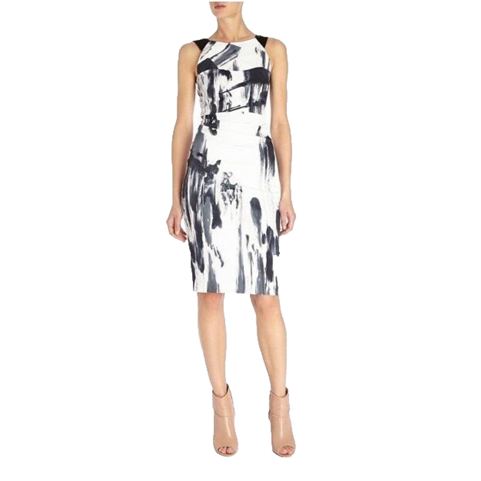 Karen Millen Dress Sheath Round Neck Sleeveless Ruched Black Gray White 4 S