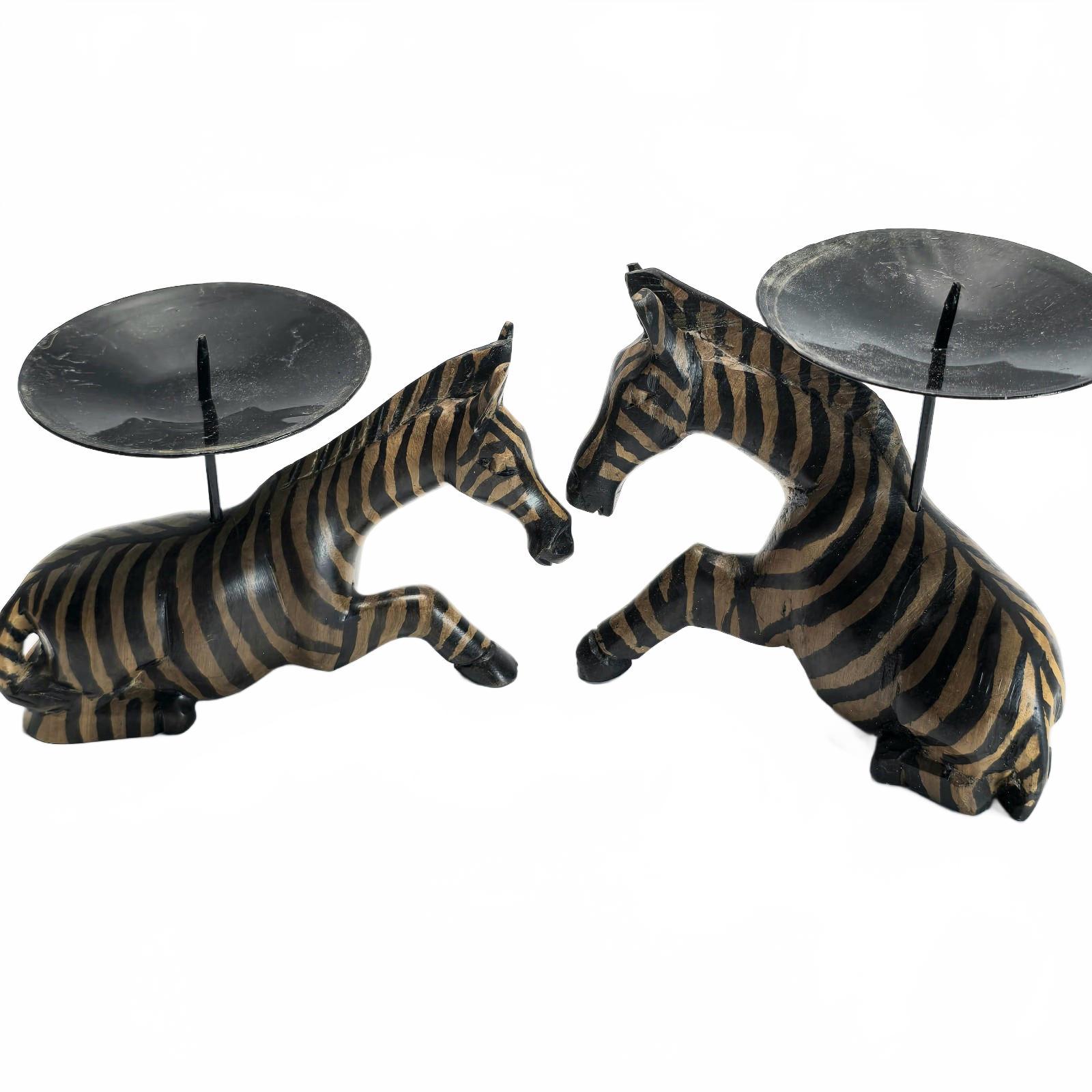 Hand-Carved Wooden Zebra Candle Holders - Unique Safari Decor - Set of 2.
