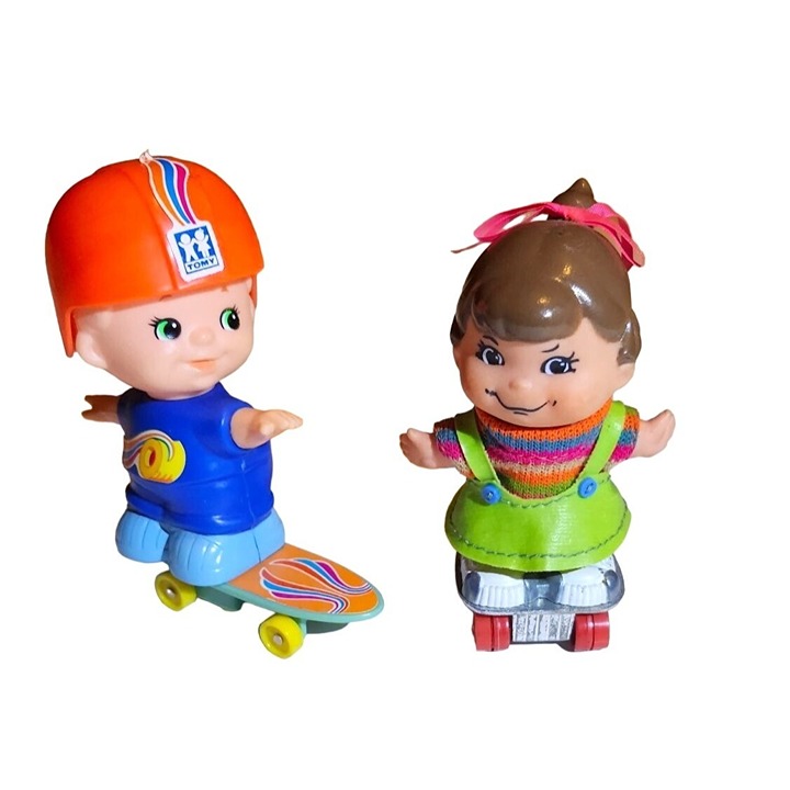 1970s MatteSmall Shot Funny Fran & Tomy 1979 Wind Up Kid-a-Longs Skateboard Bo