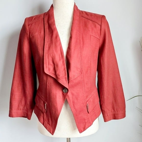 White House Black Market, Rust Red Cropped Linen Moto Blazer, Size 4 Small