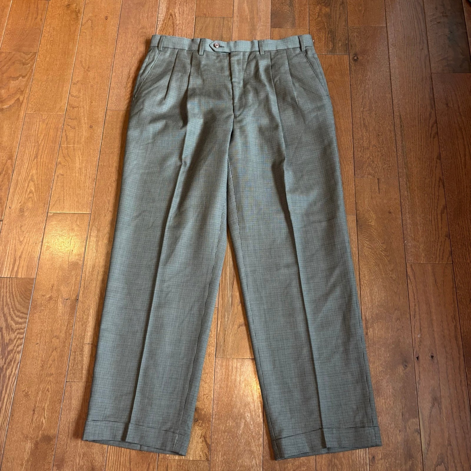 Mens Lauren Ralph Lauren Brown Houndstooth 100% Wool Pleated Dress Pants 36x32