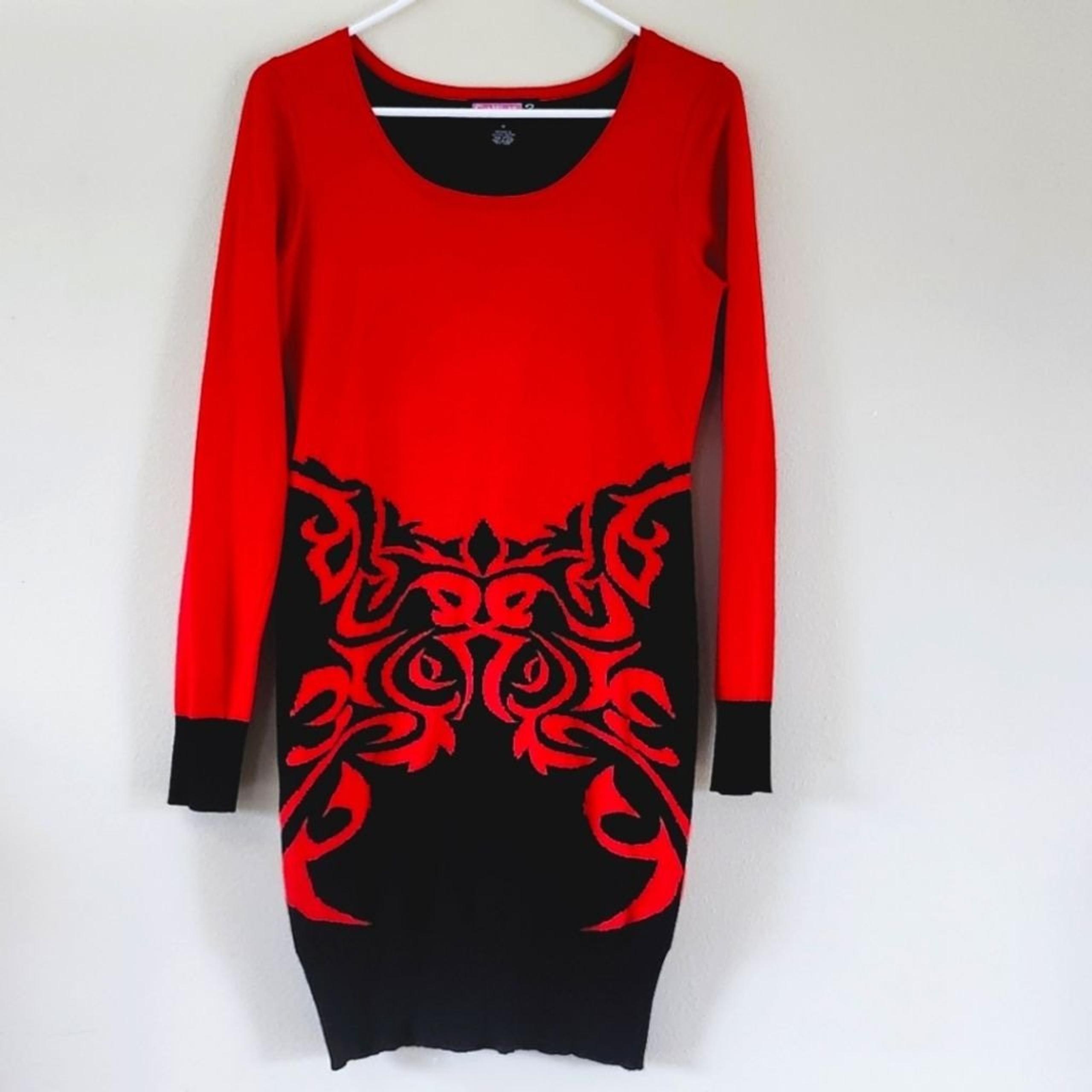 Y2K Knit SAY WHAT? Black and Red Swirl Patterned Sweater Dress