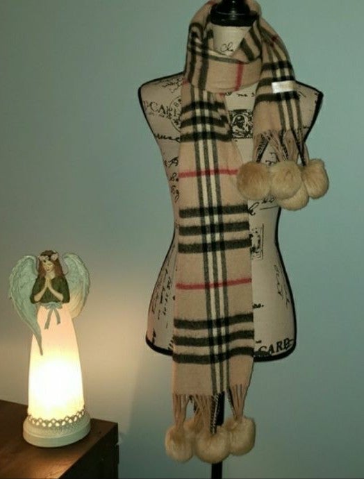 Neiman Marcus Cashmere Brit Print Fox Fur Pom Pom Scarf