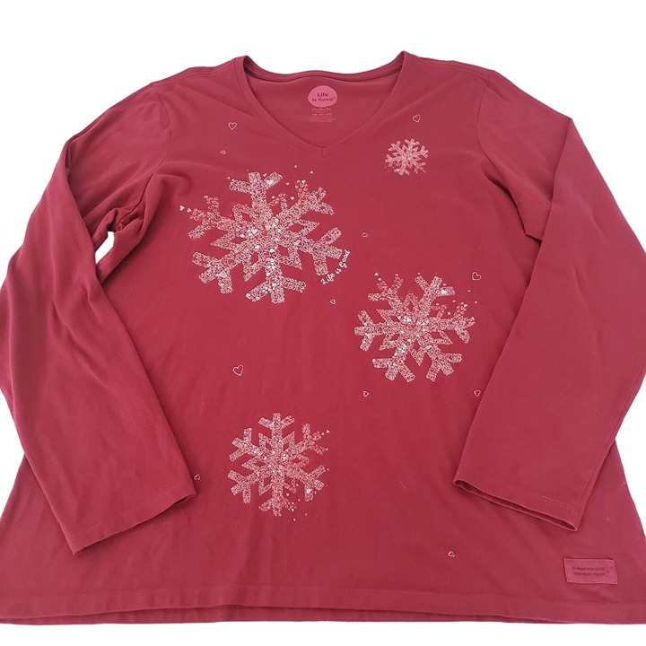 Life is Good Crusher Tee Snowflake Hearts Cotton Red Long Sleeve Womens Size XL