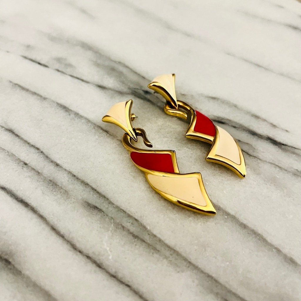 Vintage Monet Earrings Red Cream Enamel Dangle Drop Abstract Design Long