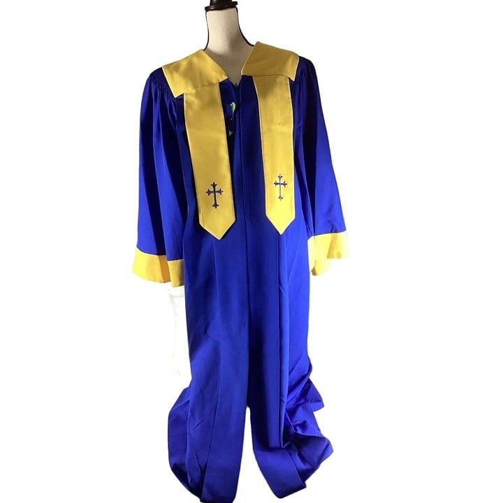 VTG Blue Murphy Robe Bishop Clergy Choir Gold Panels Bell Sleeves Deep Cuffs*EUC