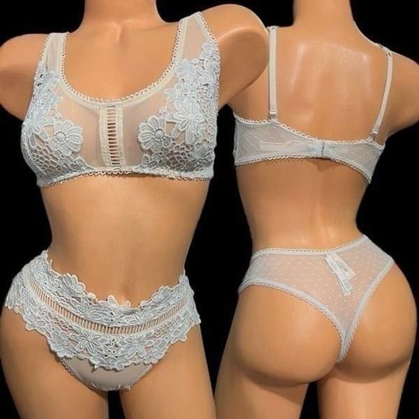 Victorias Secret set Dream Angels Mesh Floral Aplique bralette M & panty L Gray