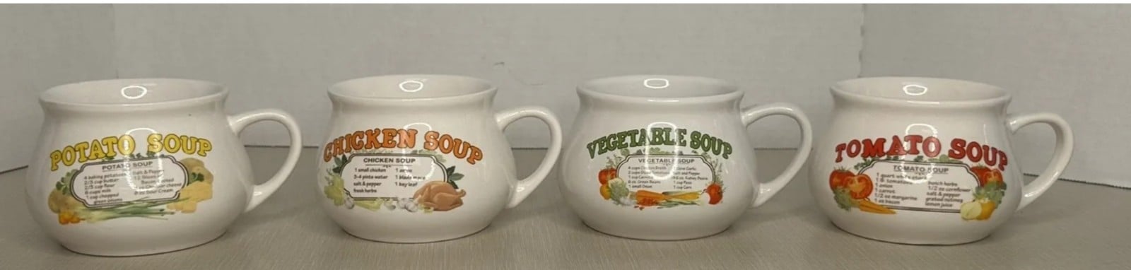 Vintage Ceramic Soup Mugs Bowls With Recipe Handle Cup - SET of 4