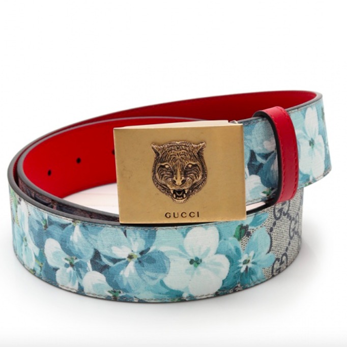 Gucci Monogram GG Blue Blooms Belt Gold