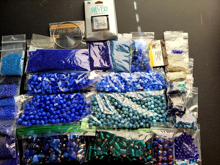 Vintage Bead Lot Shades Blue- 2.10 lbs, Glass, Crystals, Pearls, Seed, Findings