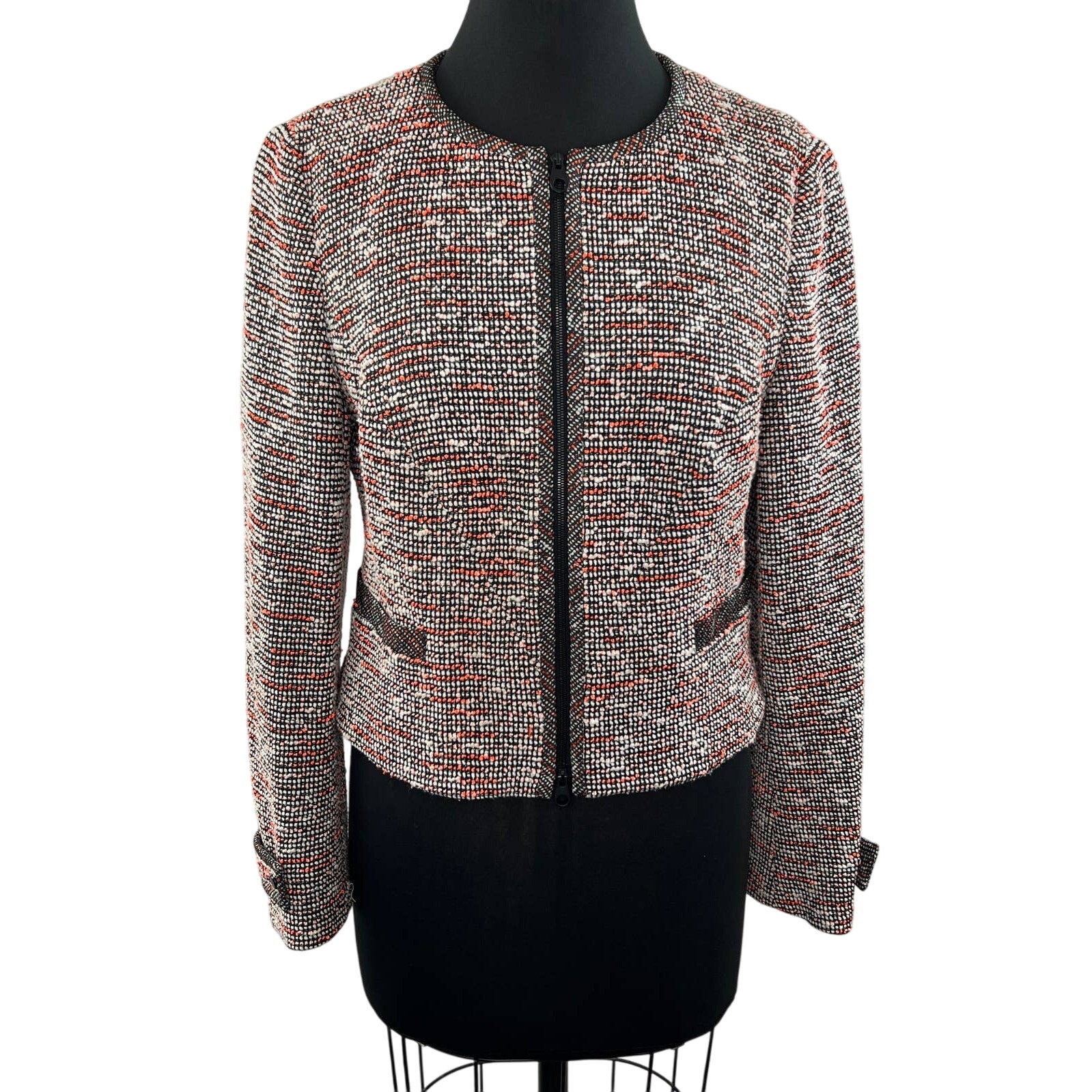 KAREN MILLEN Boucle Tweed Long Sleeve Zip Front Cropped Blazer Jacket Size 10