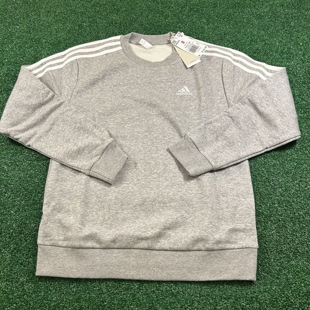 Adidas Sweater Womens Small Gray White 3 Stripe Pullover Sweatshirt Crewneck New