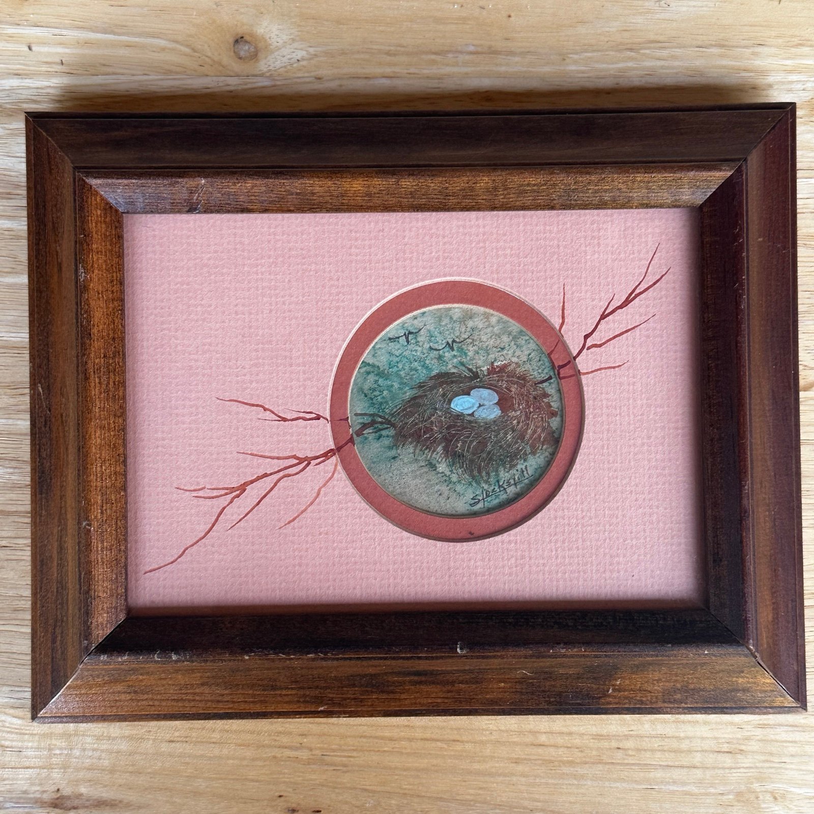 VTG Painting Birds Nest Eggs Matted Wood Frame Signed Stockstill 9 x 7