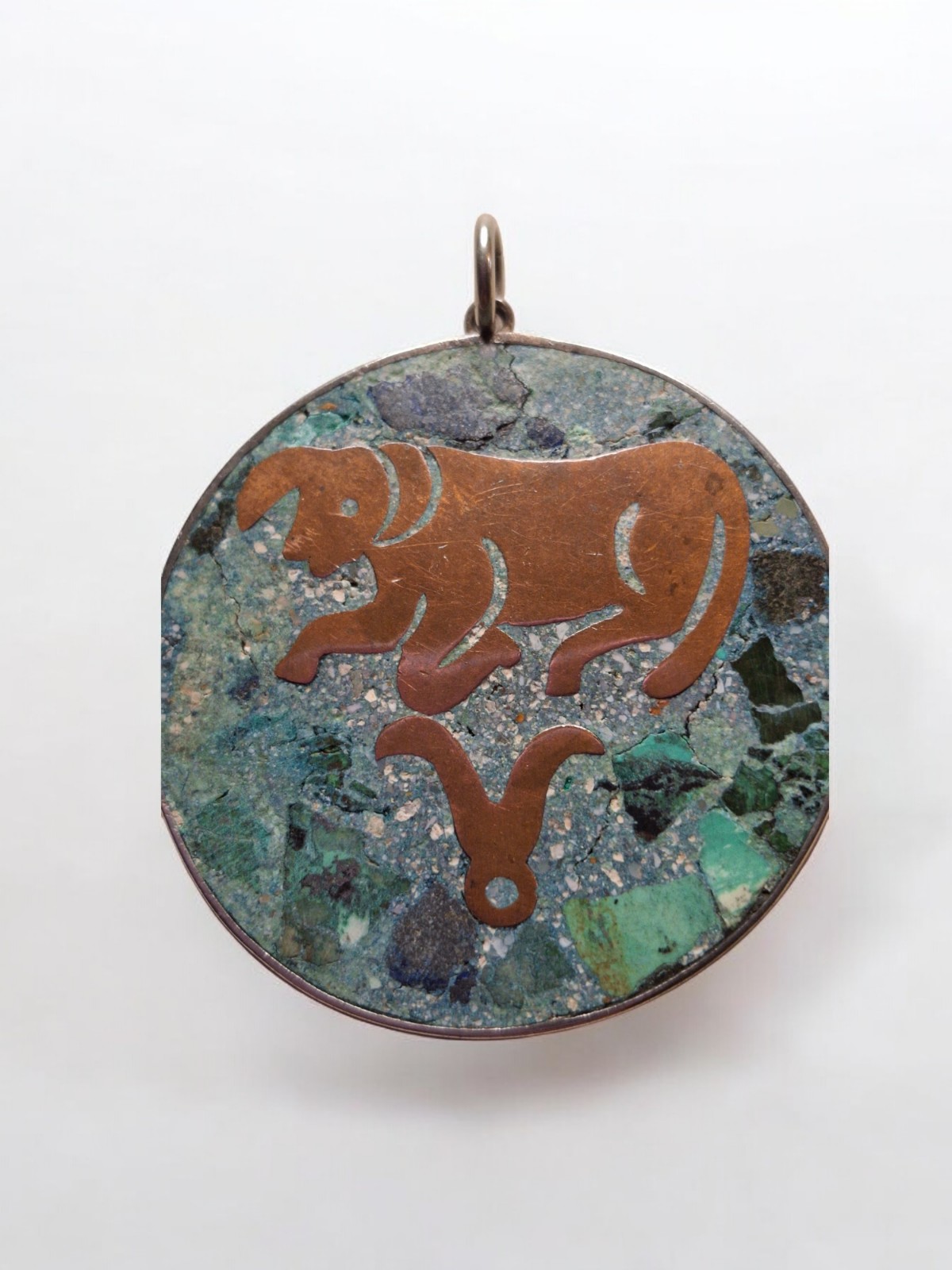Vintage Mexico 925 Silver Pendant Necklace Taurus Bull Zodiac Inlay Malachite