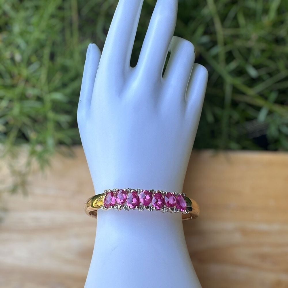 Clamper Bracelet Pink Sapphire Natural Diamond Gold Plated 925 Sterling 22.7g