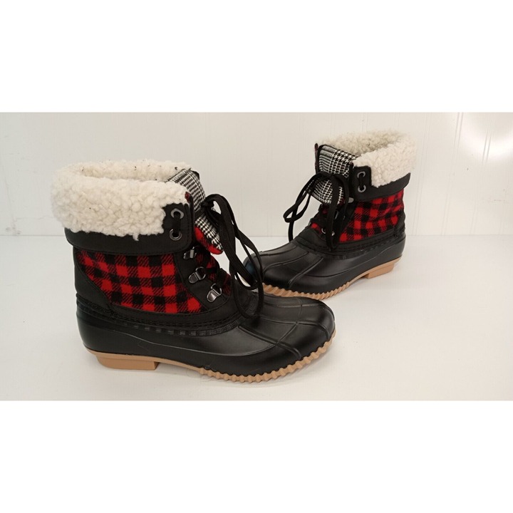 Maurices Womens Jenna Duck Boots Red Plaid Faux Fur Lining Lace Up Round Toe 7M