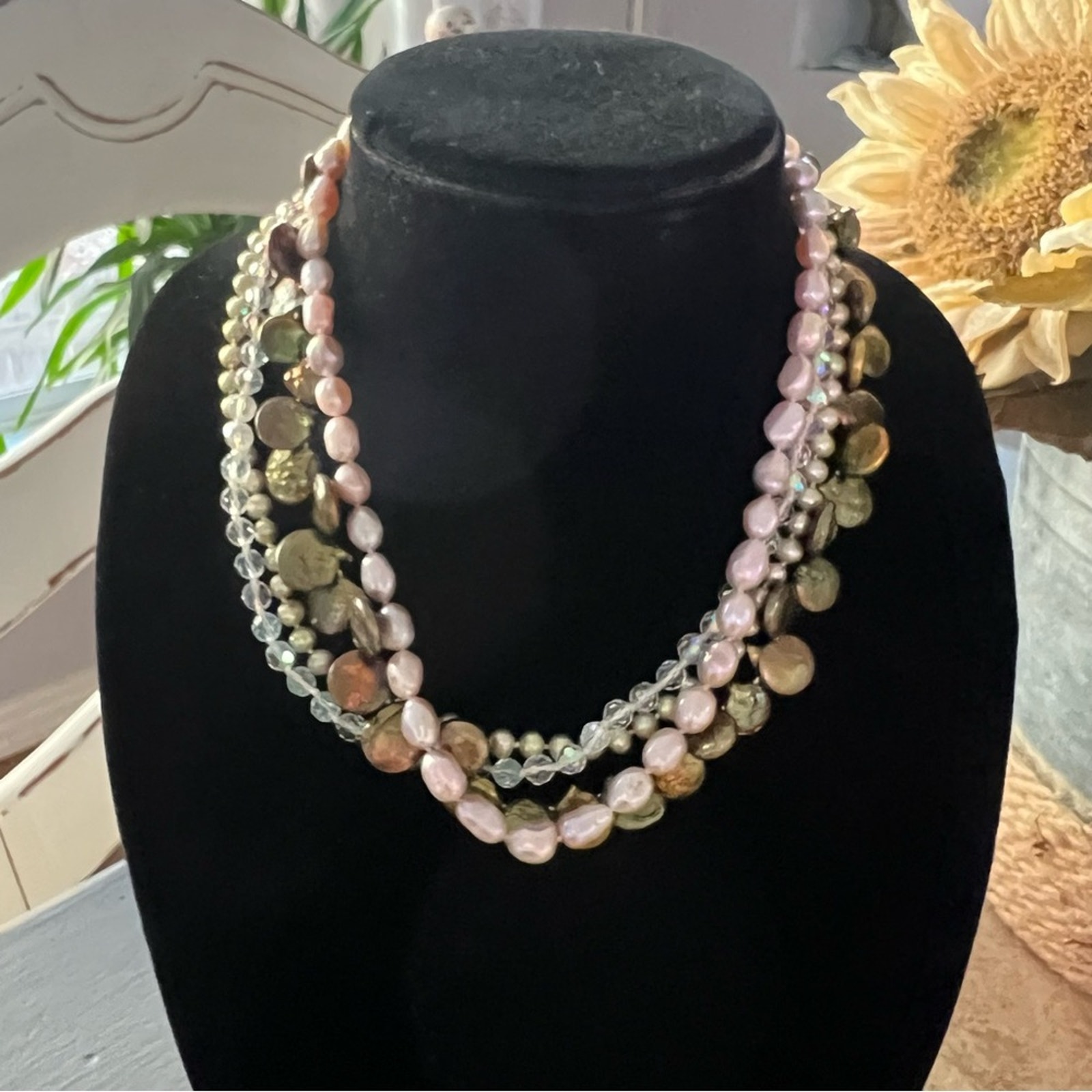 Multi Strand Pearls Crystal Beads Necklace