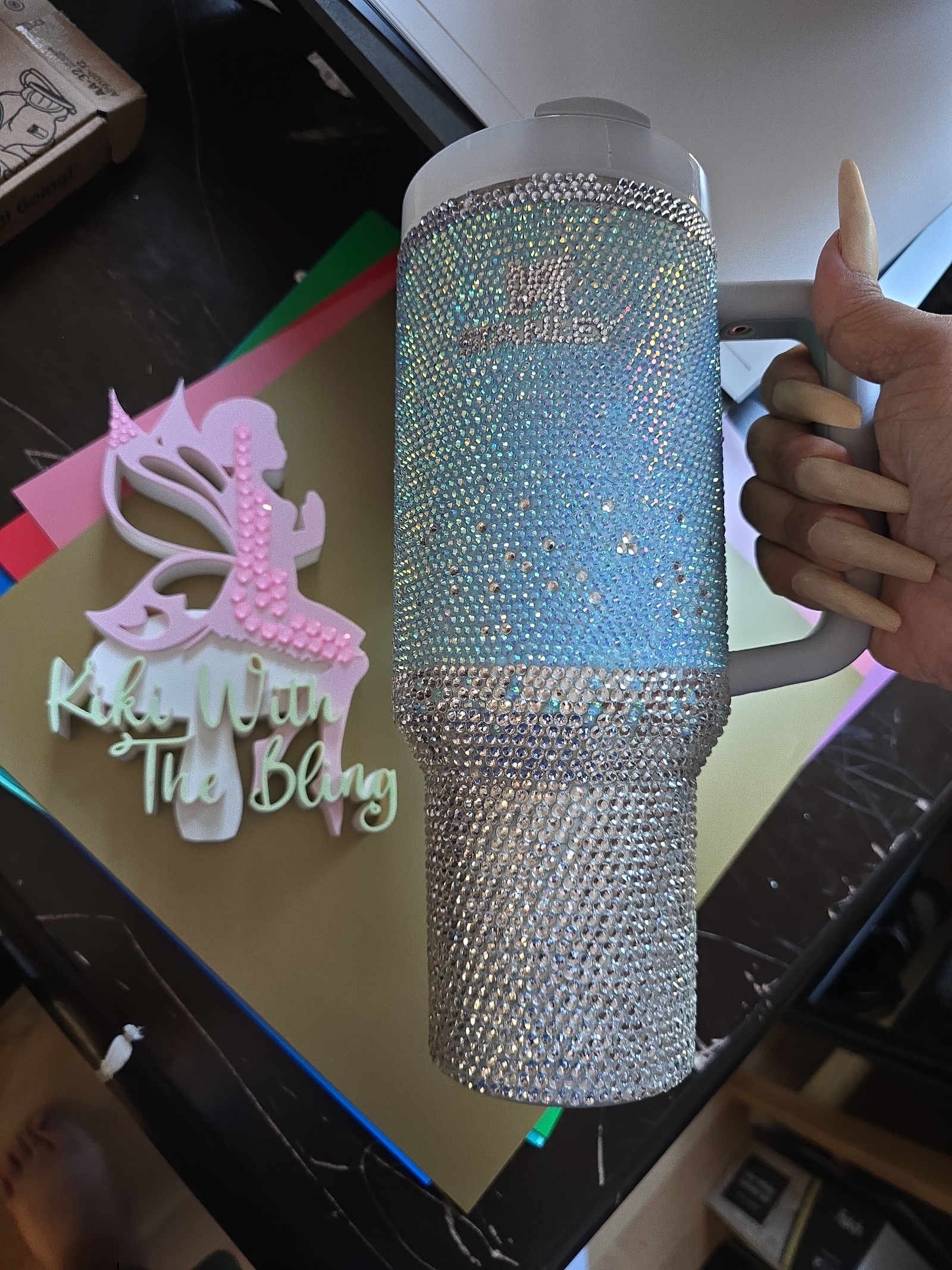 40oz aqua ombre stanley bling