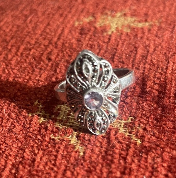925 Sterling Silver Amethyst And Marcasite Ring Size 5 Whimsical Antique Style