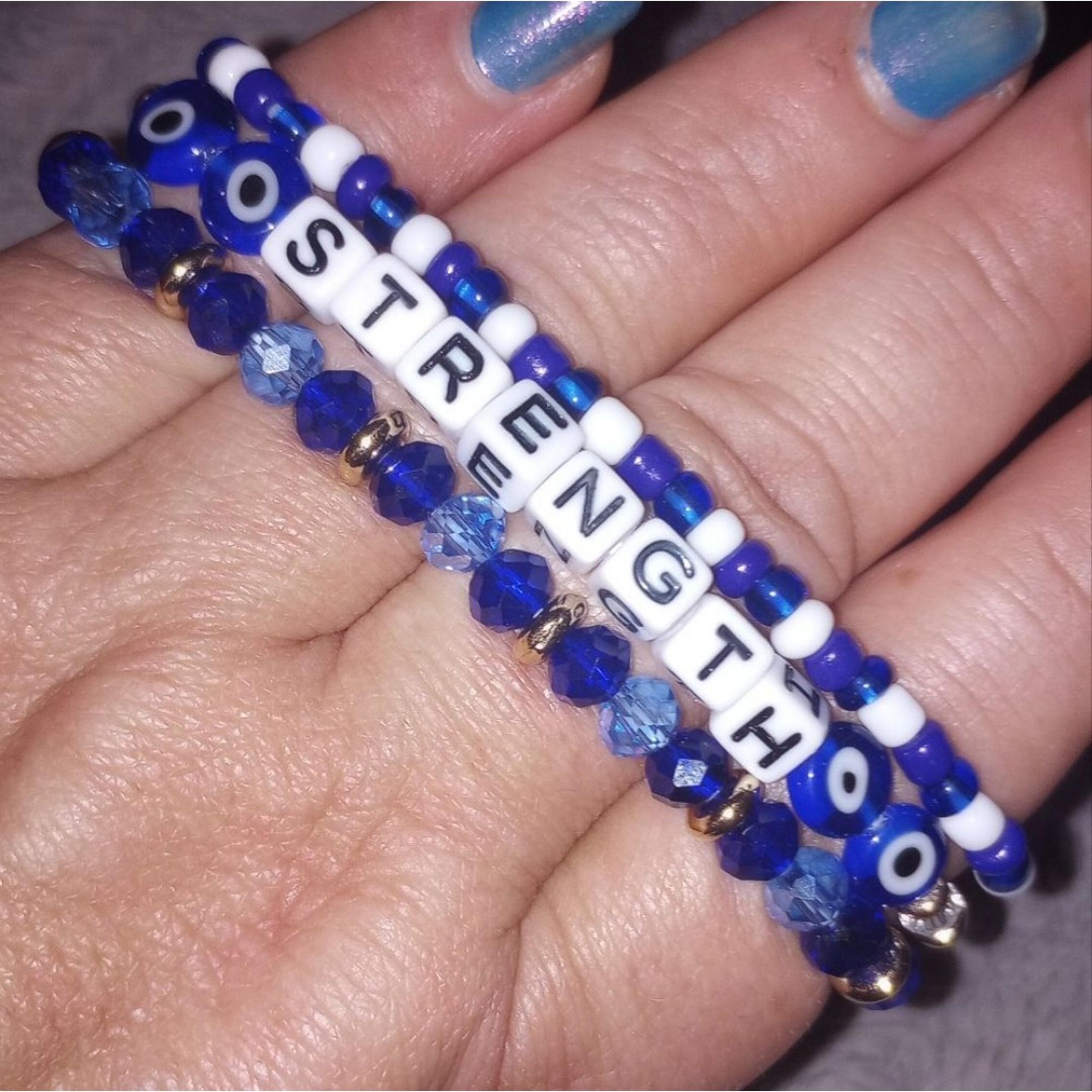 Set Of 3 Blue and White Beaded Bracelets "Strength" Letter Beads On One NWT