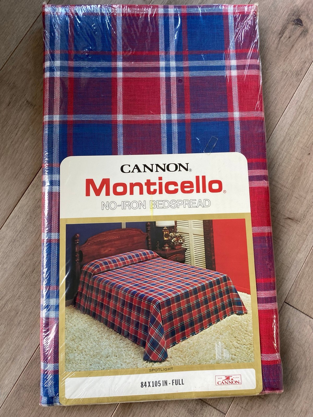 Vintage Plaid Bedspread Full Cannon Monticello Unopened Red Blue Cabin Spare Bed