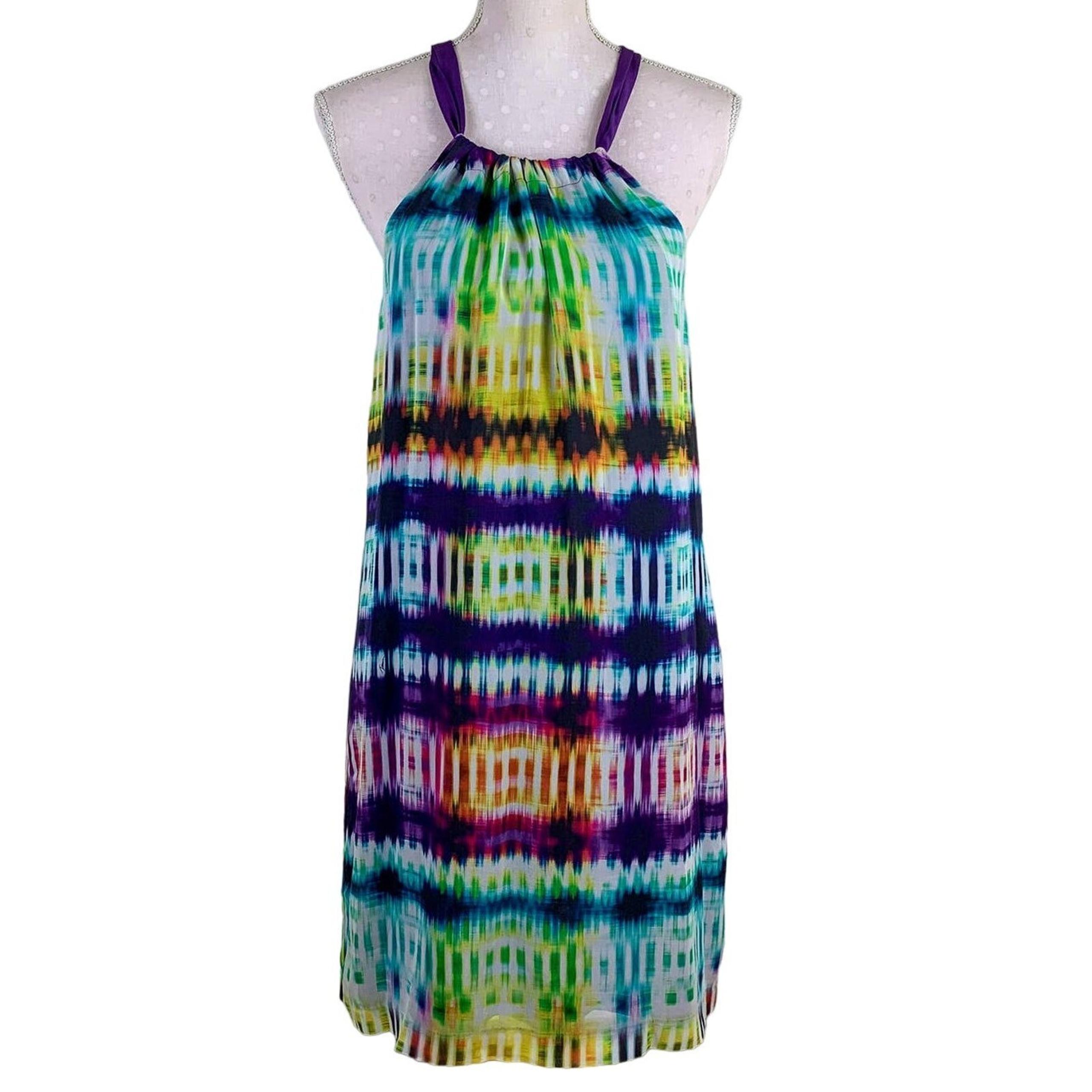 Trina Turk Silk Mini Dress Sz 6 Resort Tie Dye Y2K Halter Maximalist Artsy Glam