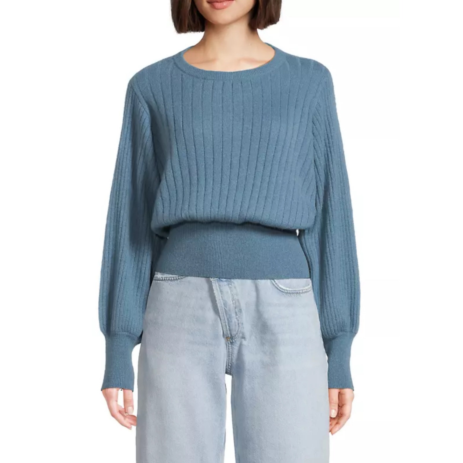 Crush. Cashmere Prague Blue Balloon Sleeve Ribbed Cashmere Sweater 1 S