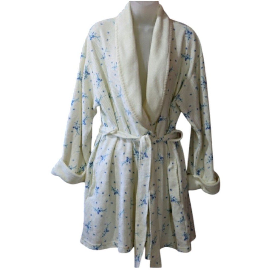 Vanity Fair Waffle Knit Cream & Blue Floral Robe LG