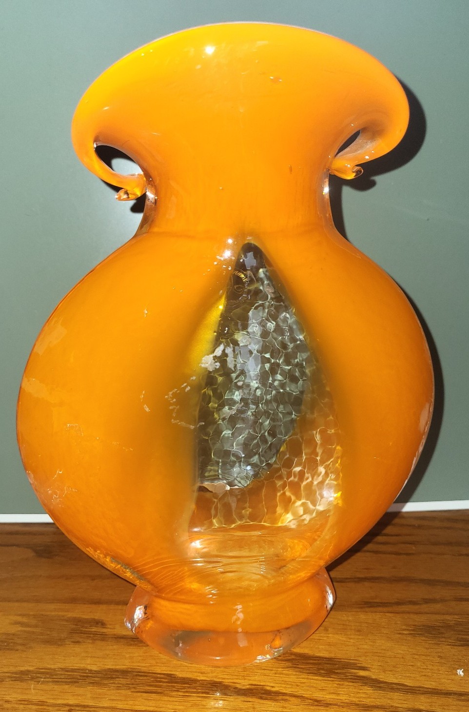 Vtg. Margie's Garden Hand Blown Bright Orange Floral Vase