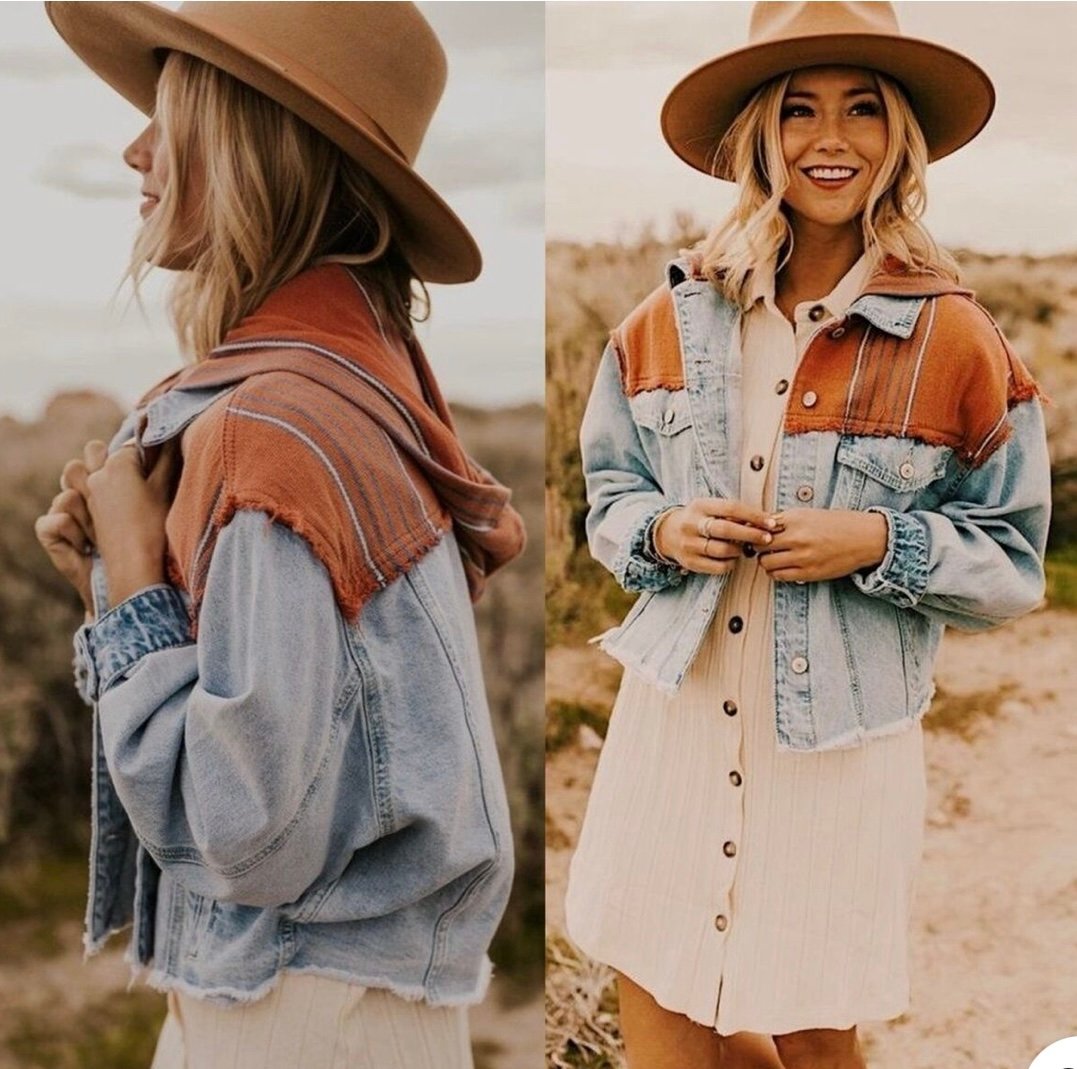 Free People Denim and Rust Jacket Hooded Baja Wash Stripe Jacket