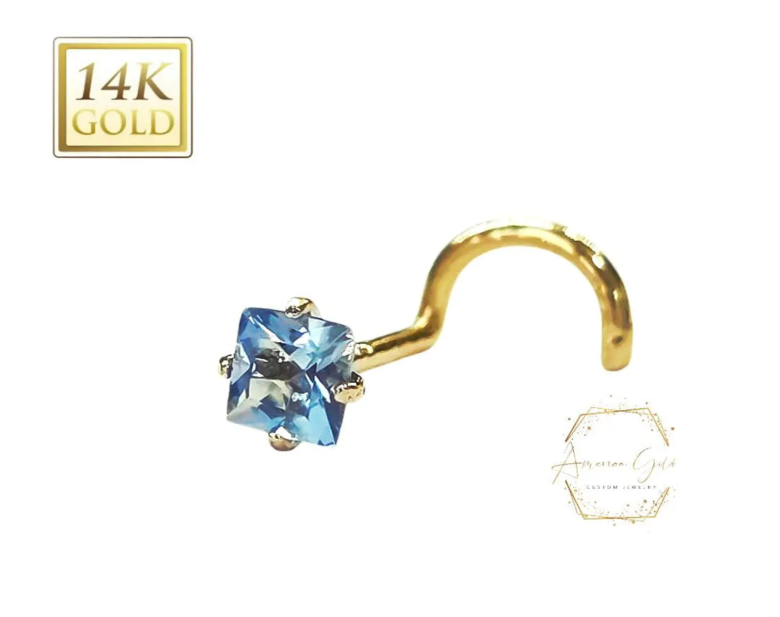 Natural Aquamarine Princess Cut 14K Solid Gold nose stud 3.00 mm